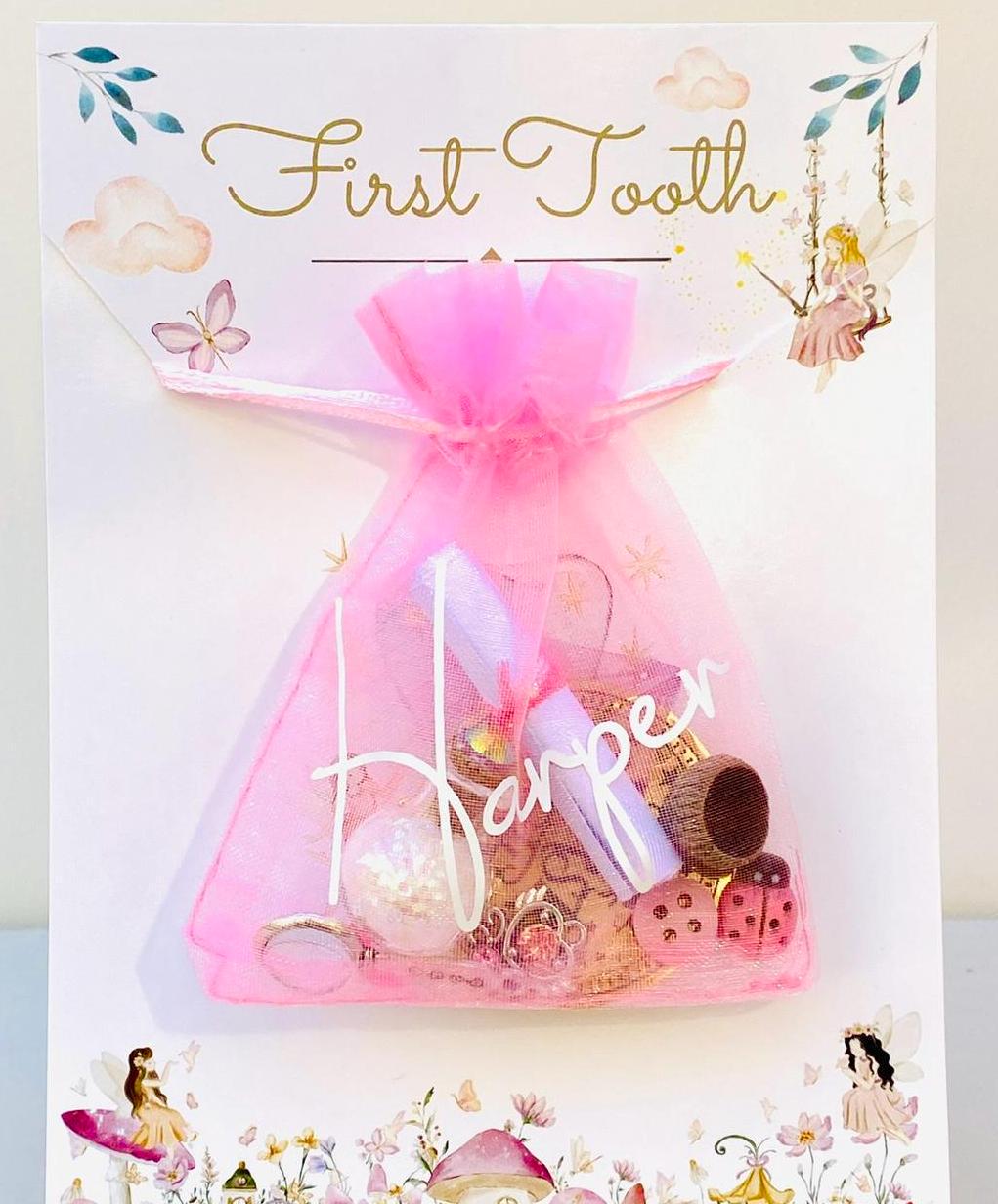 FIRST TOOTH Girl’s Tooth Fairy Gift Set- with First Tooth Coin, Tooth Fairy Letter, Fairy Dust and Fairy Gifts! Tooth Fairy Kit & Note