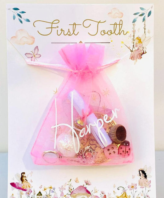 FIRST TOOTH Girl’s Tooth Fairy Gift Set- with First Tooth Coin, Tooth Fairy Letter, Fairy Dust and Fairy Gifts! Tooth Fairy Kit & Note