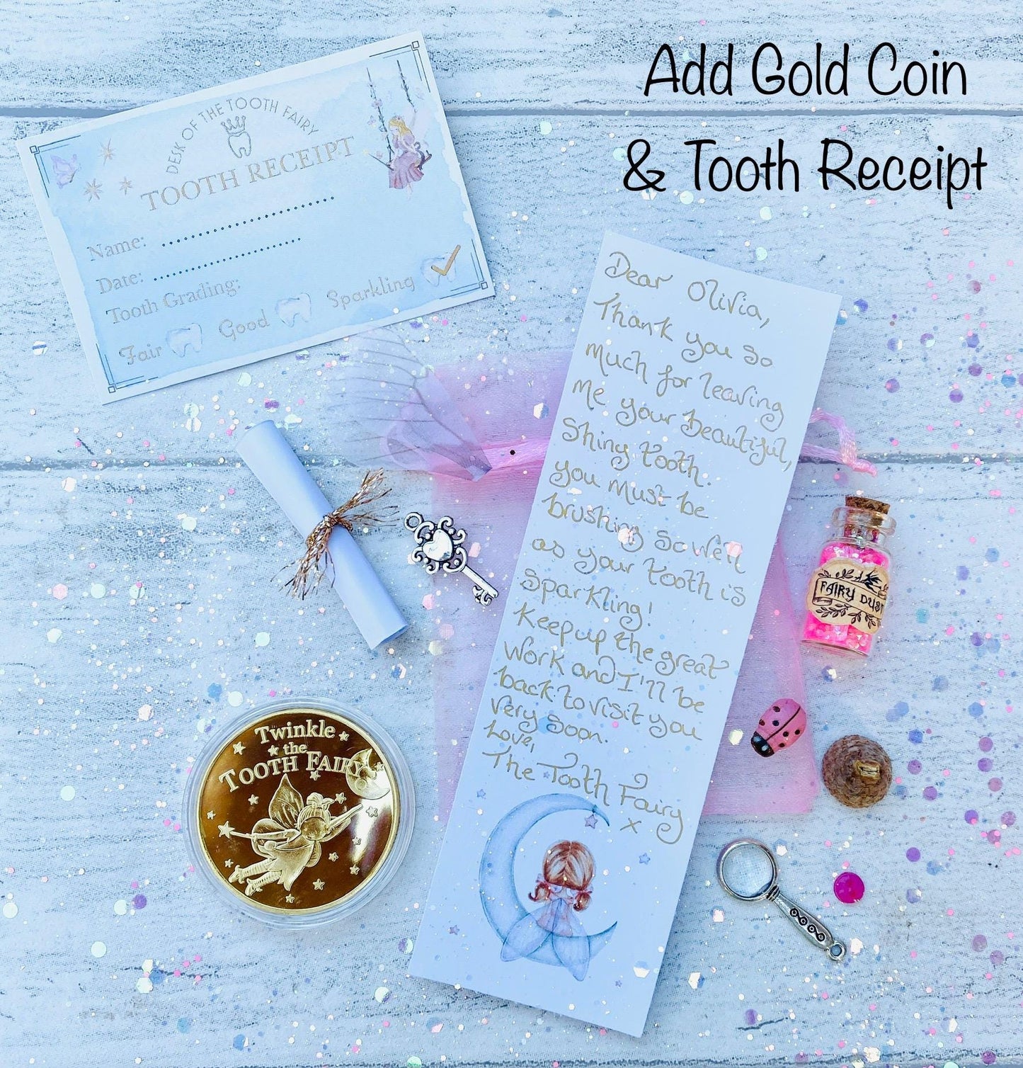 Tooth Fairy Kit with Tooth Fairy Gifts. Tooth Fairy Keepsake Letter. Tooth Fairy Set - Tooth Fairy Gold Coin, Fairy Dust- First Tooth Fairy