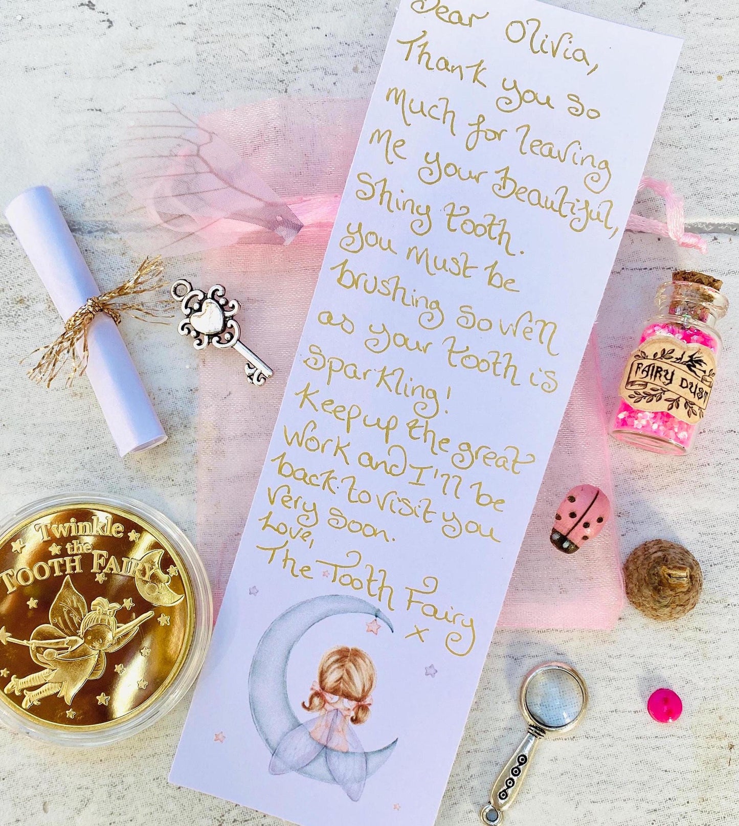 Tooth Fairy Kit with Tooth Fairy Gifts. Tooth Fairy Keepsake Letter. Tooth Fairy Set - Tooth Fairy Gold Coin, Fairy Dust- First Tooth Fairy
