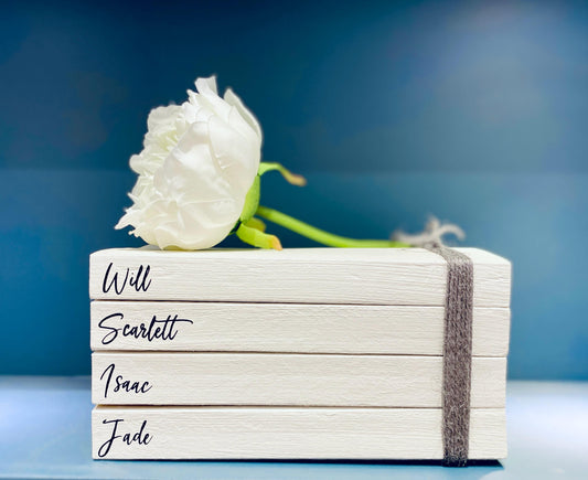 Your Family Names Book Stack Ornament! Coffee table decor, bookcase decor, hallway decor, white books decor! Shabby chic, farmhouse decor