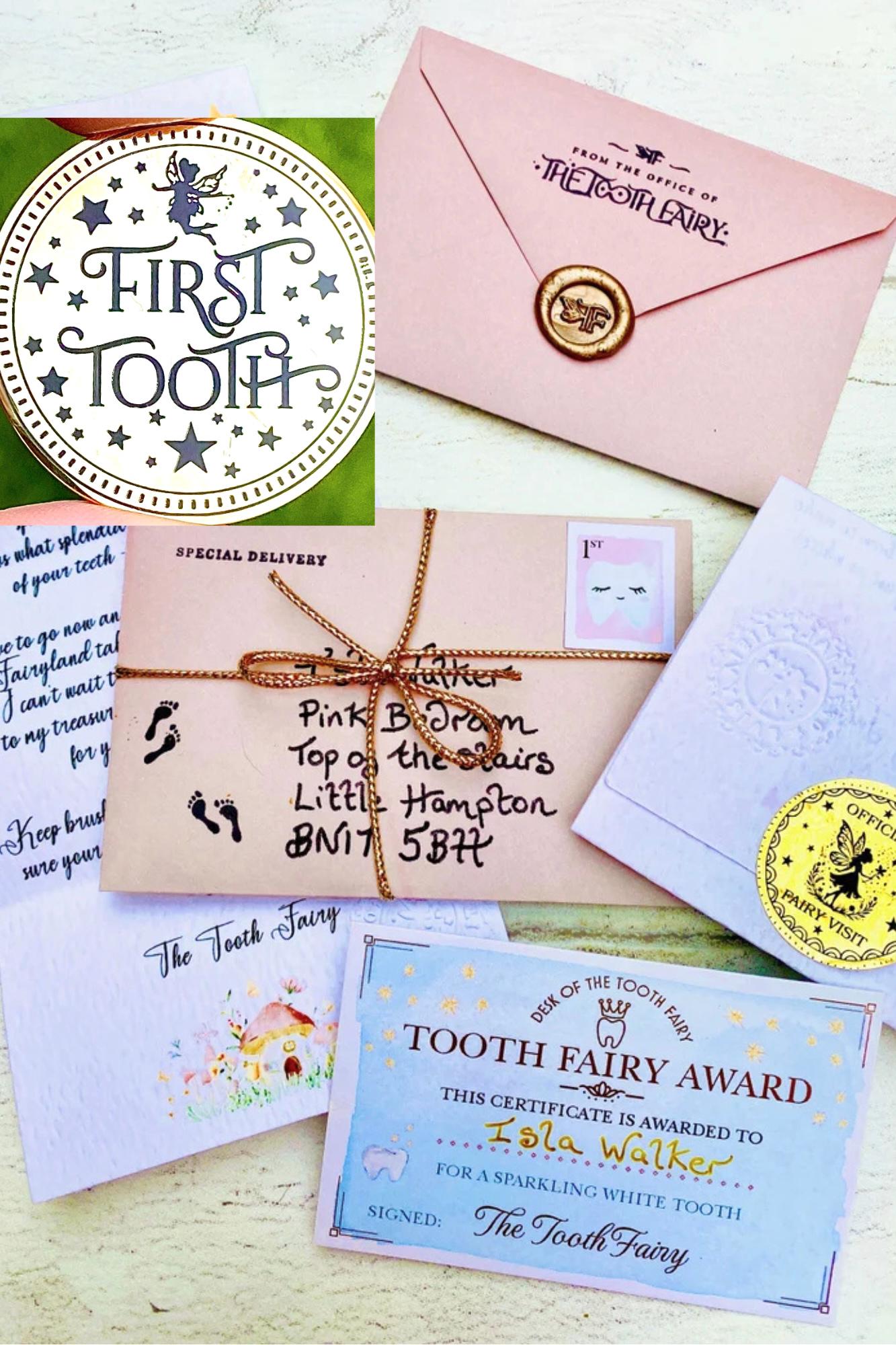 Deluxe Tooth Fairy Letter Kit: Tooth Fairy Gold Coin, Fairy Dust & Gifts. First Tooth Fairy Kit
