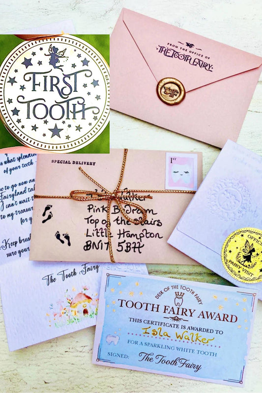 Deluxe Tooth Fairy Letter Kit: Tooth Fairy Gold Coin, Fairy Dust & Gifts. First Tooth Fairy Kit