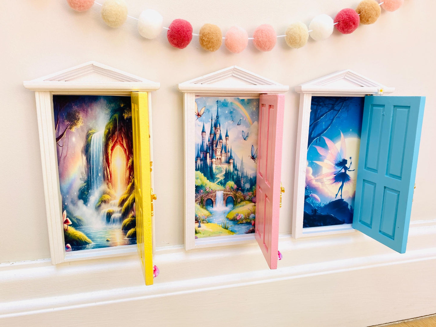Opening Wooden Fairy Door with Glowing Windows, & Fairy Door Key – Fairy Bedroom Decor