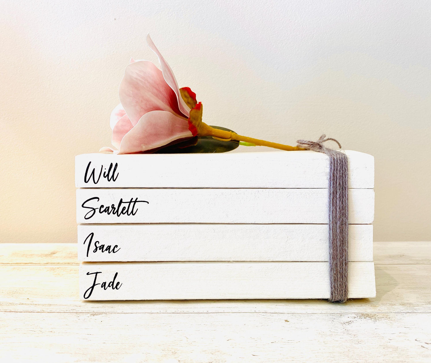 Your Family Names Book Stack Ornament! Coffee table decor, bookcase decor, hallway decor, white books decor! Shabby chic, farmhouse decor