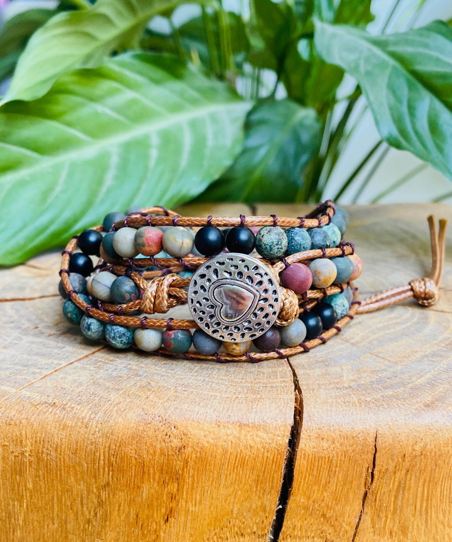 Beautiful Boho Bracelet -Beaded Leather Wrap Multi- Layered Chakra Bracelet with stones entwined with Leather. Friendship Bracelet