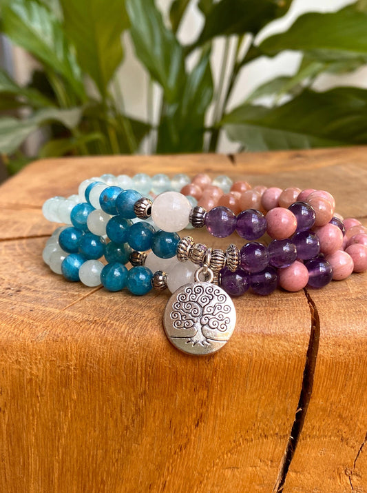 108 Mala Beads -Amethyst, Sunstone, quartz Natural Stone Meditation Necklace. Beautiful healing yoga bracelet. Japa Mala. Chakra jewellery