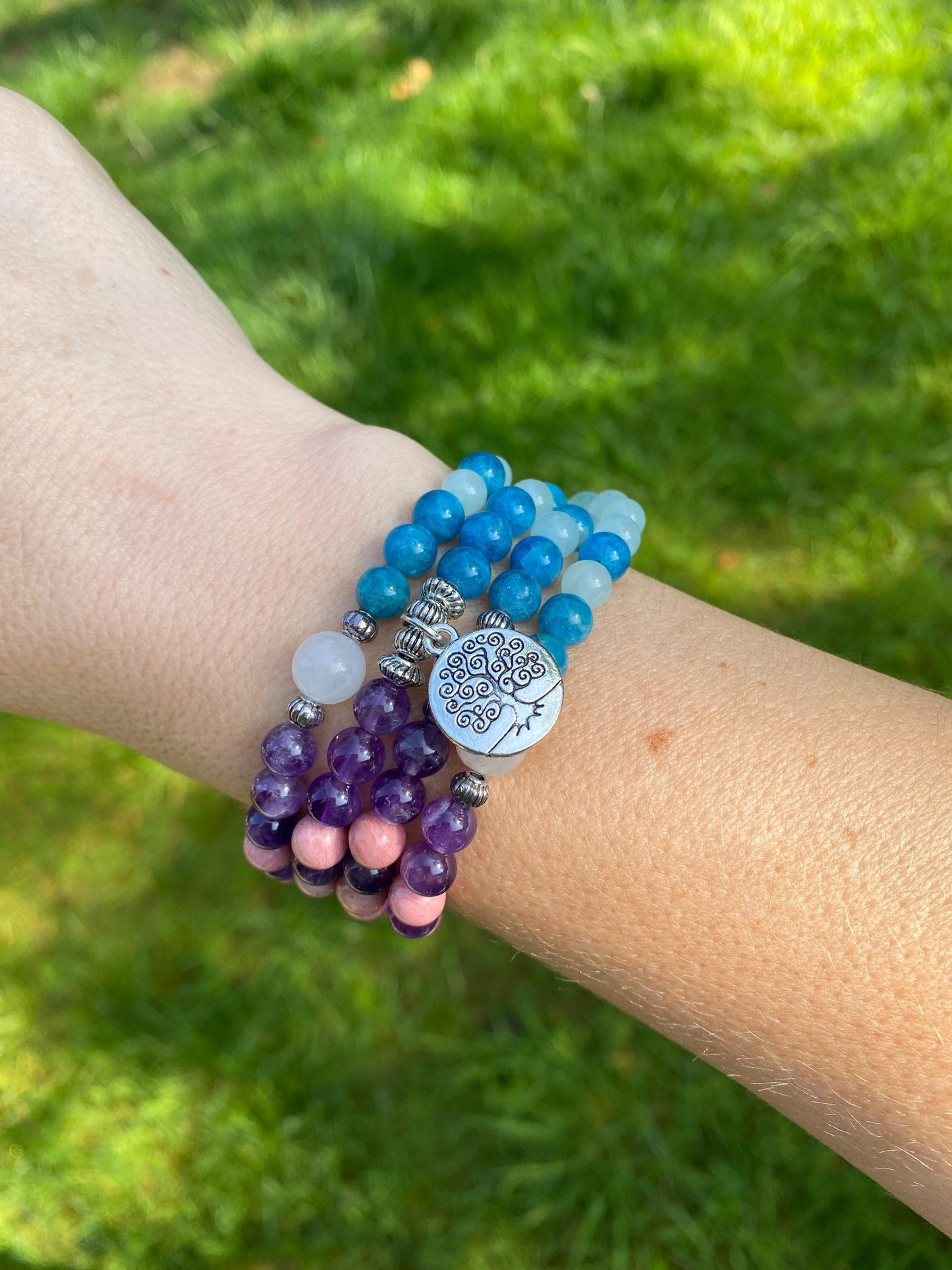 108 Mala Beads -Amethyst, Sunstone, quartz Natural Stone Meditation Necklace. Beautiful healing yoga bracelet. Japa Mala. Chakra jewellery