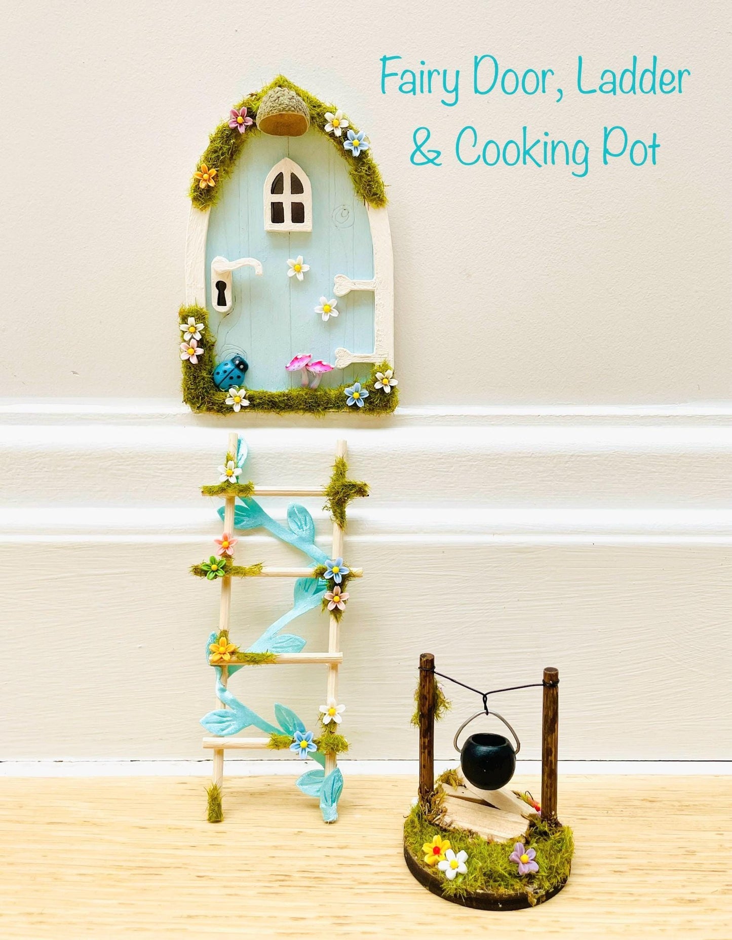 Blue FAIRY DOOR with Ladder, Fairy Bench & Fairy Postbox for Fairy Bedroom- Pale Blue Fairy Door