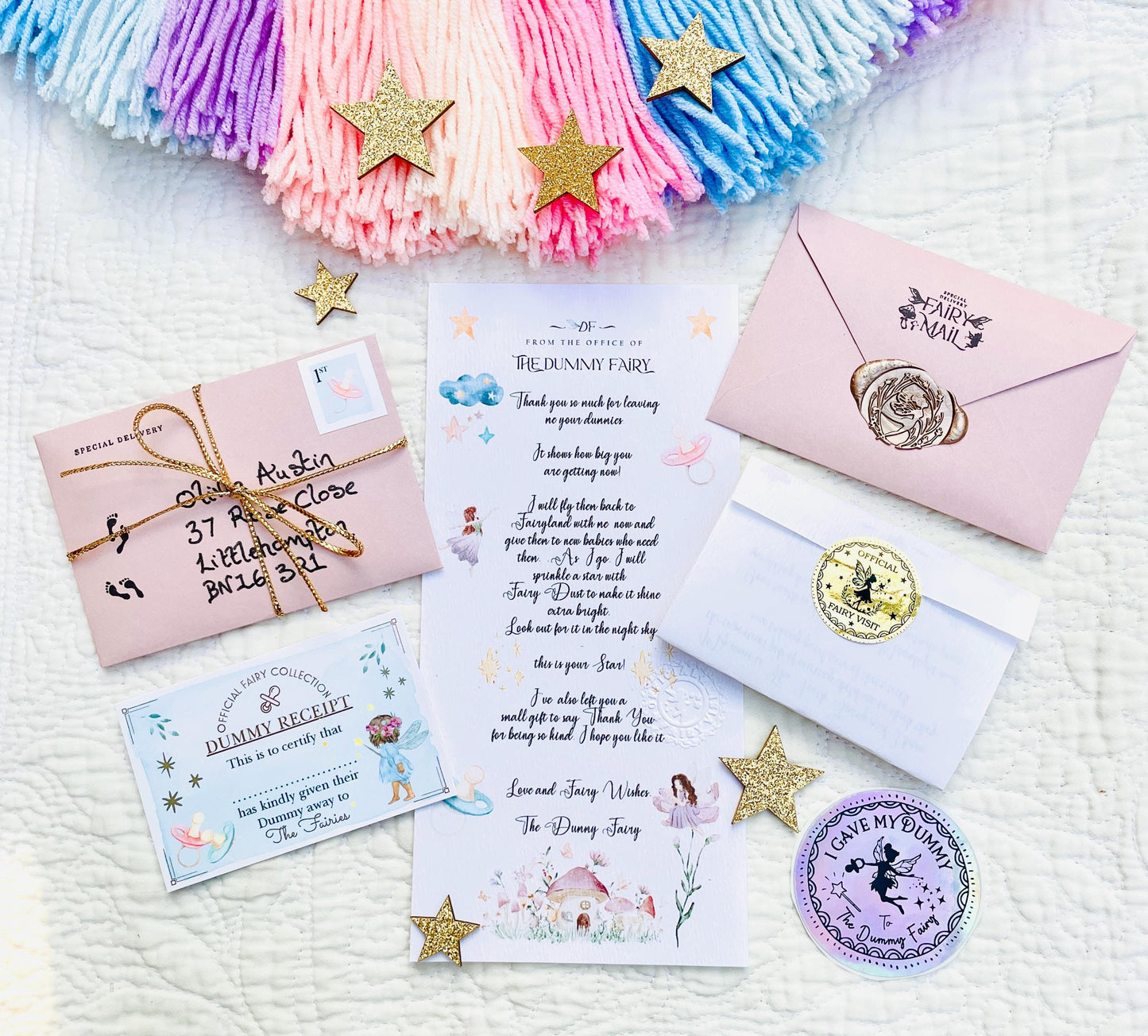 Dummy Fairy LETTER and Dummy Fairy MEDAL! Fairy Gold Coin and Fairy Dust. Binkie Fairy Letter, Soother Fairy Letter & Pacifier Fairy Letter