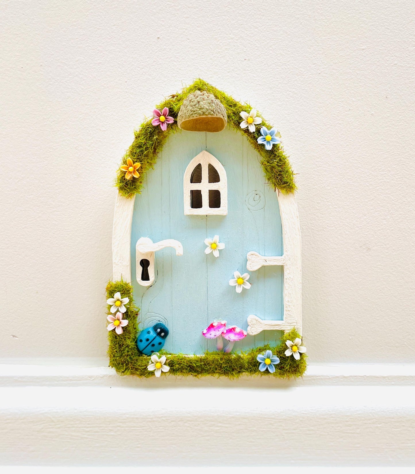 Blue FAIRY DOOR with Ladder, Fairy Bench & Fairy Postbox for Fairy Bedroom- Pale Blue Fairy Door