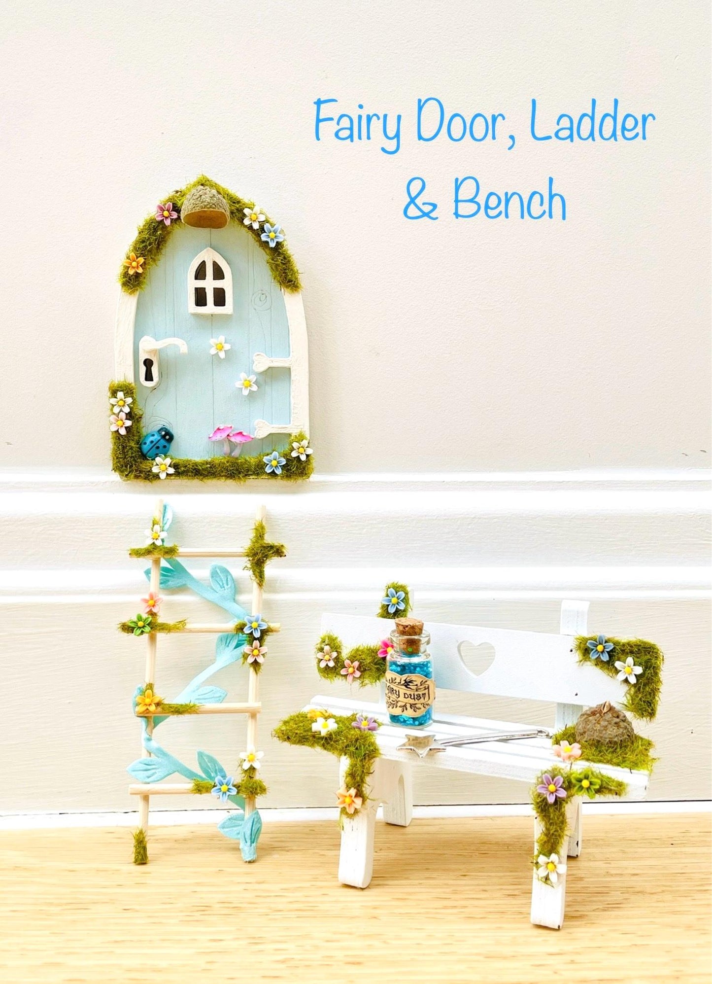 Blue FAIRY DOOR with Ladder, Fairy Bench & Fairy Postbox for Fairy Bedroom- Pale Blue Fairy Door