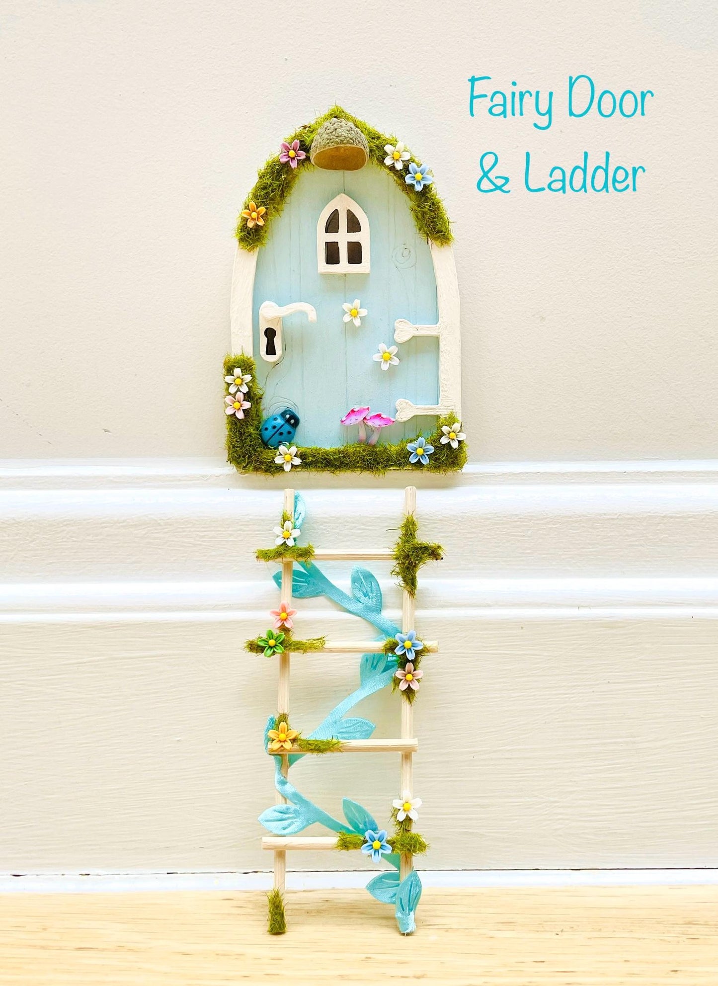 Blue FAIRY DOOR with Ladder, Fairy Bench & Fairy Postbox for Fairy Bedroom- Pale Blue Fairy Door