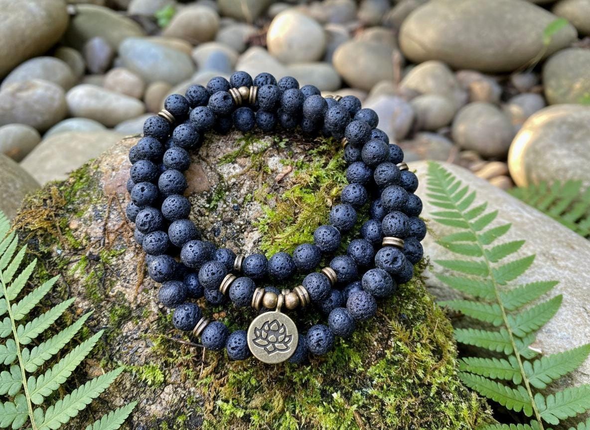 Lava Stone Mala Bead Necklace: 108 Japa Prayer Beads
