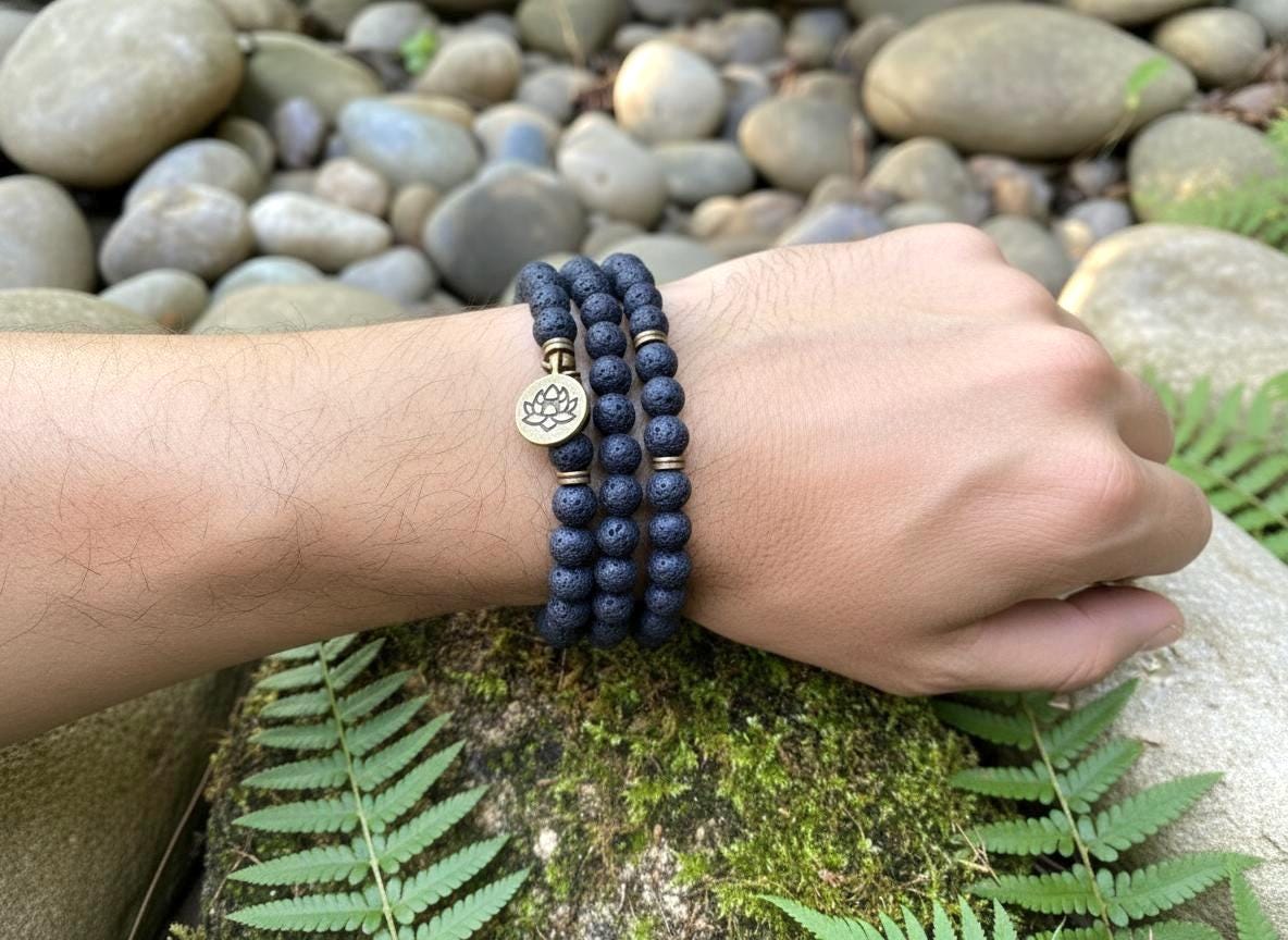 Lava Stone Mala Bead Necklace: 108 Japa Prayer Beads