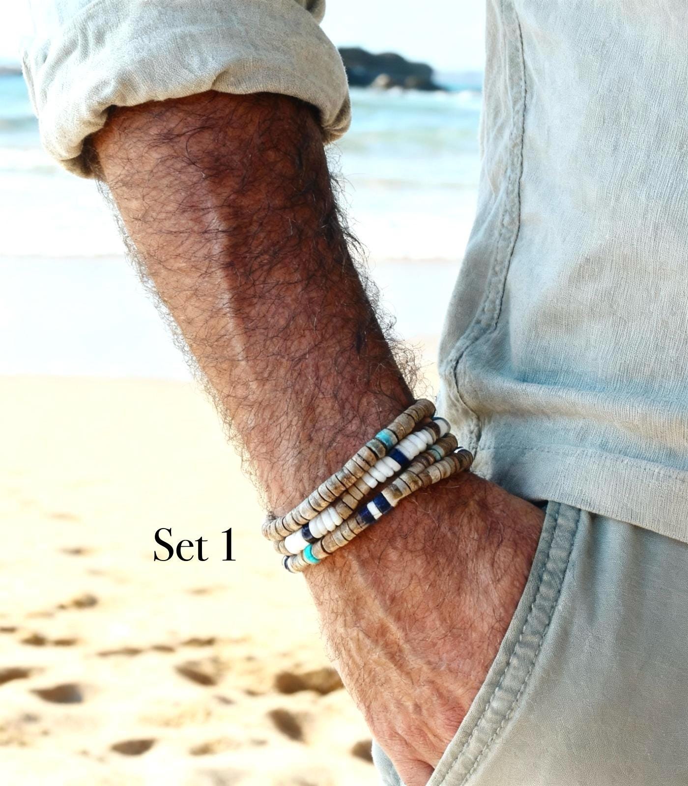 Surfer style set of wooden beaded bracelets- Stacking Bracelets Wooden beaded hippie, boho unisex