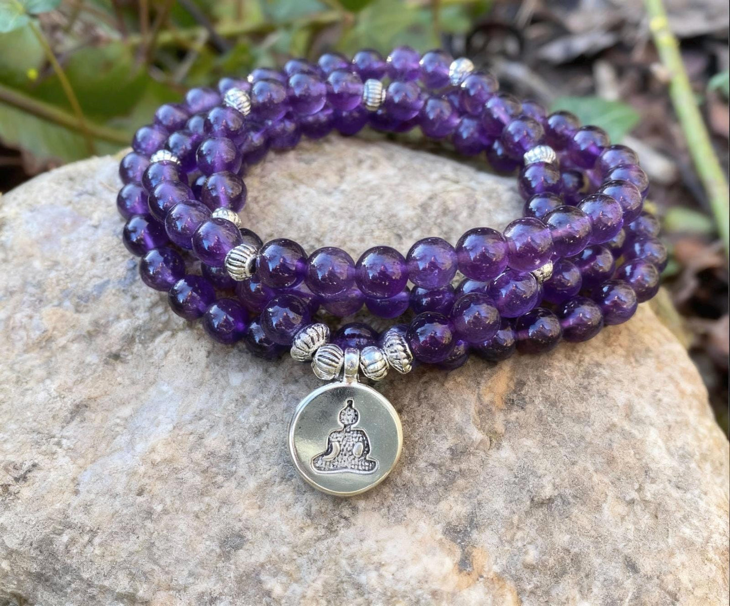 108 Mala Beads -Amethyst Natural Stone Meditation Necklace. Beautiful healing yoga bracelet. Japa Mala. Prayer beads. Chakra jewellery