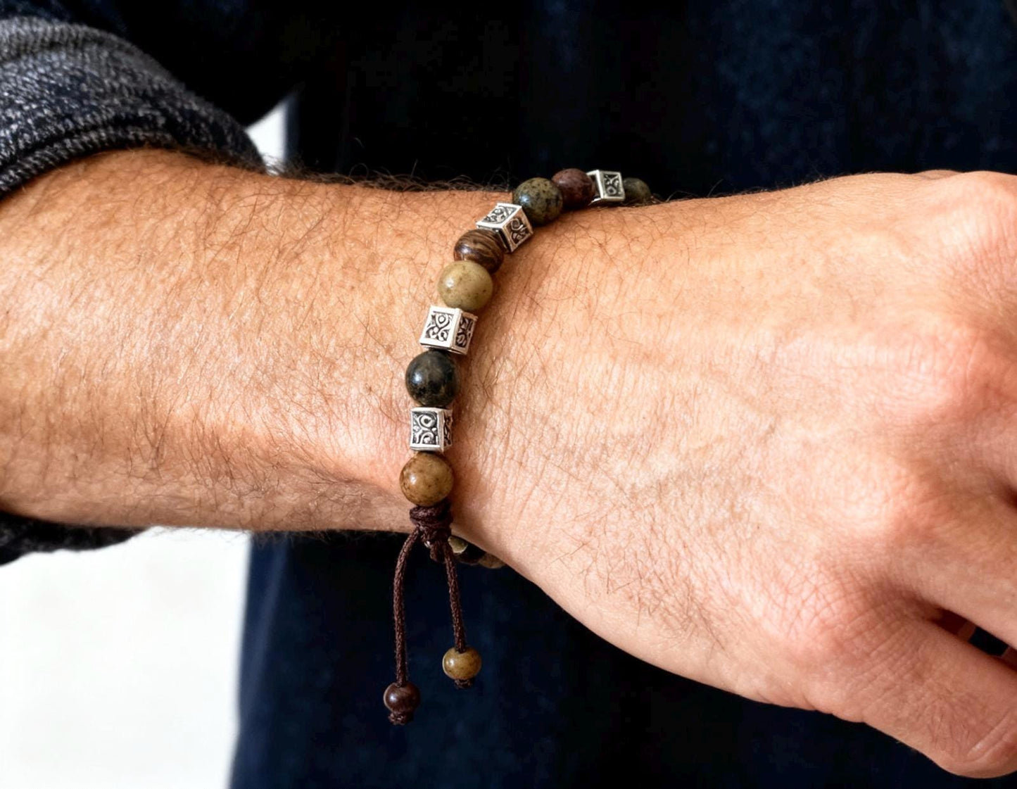 Natural Stone and Wooden Bead Bracelet- Meditation Prayer Yoga Cross Bracelet, Chakra Norse, Viking bracelet