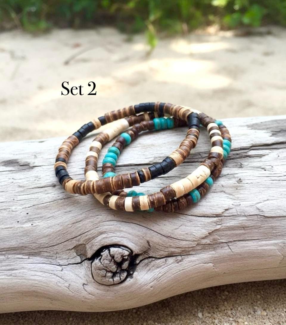 Surfer style set of wooden beaded bracelets- Stacking Bracelets Wooden beaded hippie, boho unisex