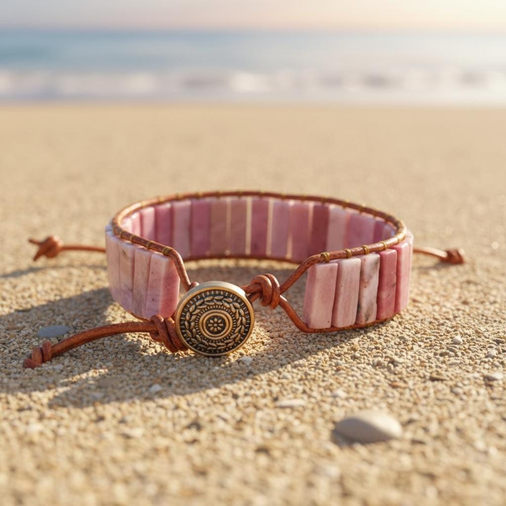 Beautiful Rhodonite Pink Boho Tube Bracelet -Beaded Leather Chakra Bracelet - natural stone entwined with Leather. Healing & Positive Energy