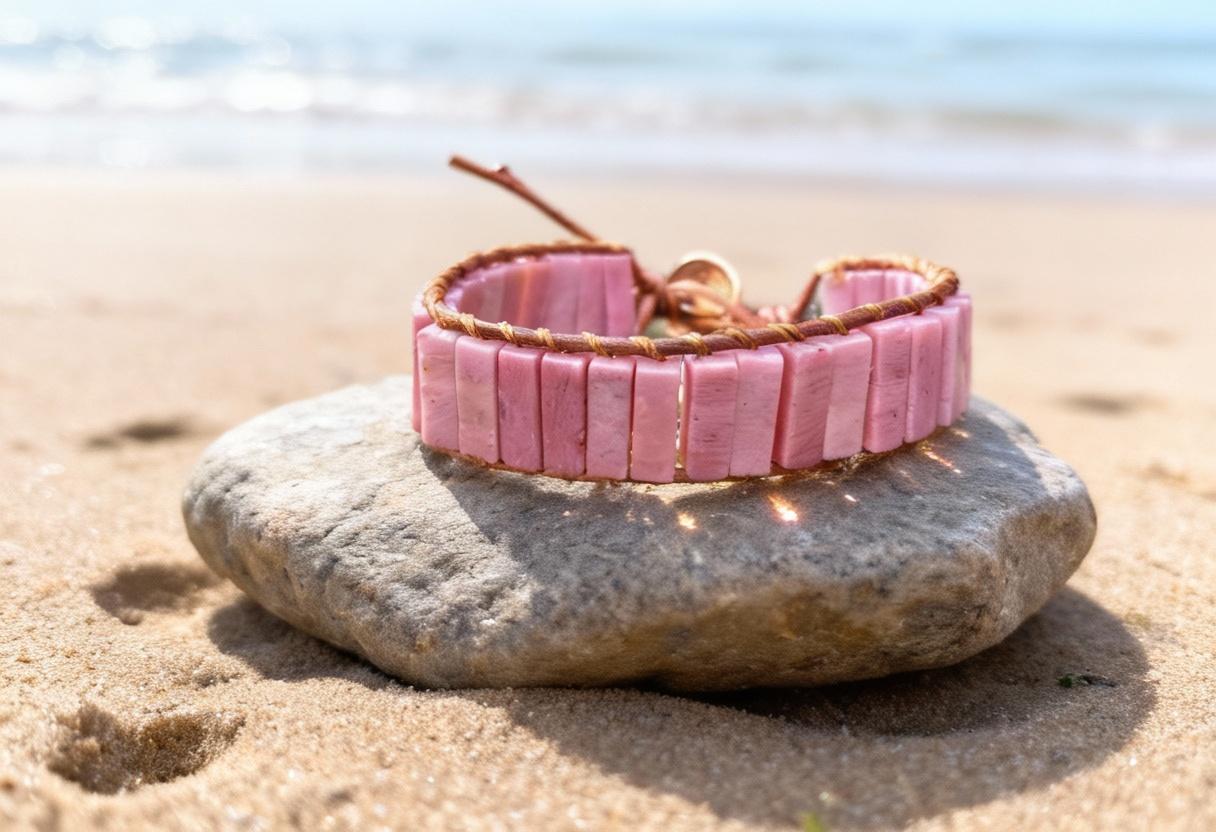 Beautiful Rhodonite Pink Boho Tube Bracelet -Beaded Leather Chakra Bracelet - natural stone entwined with Leather. Healing & Positive Energy