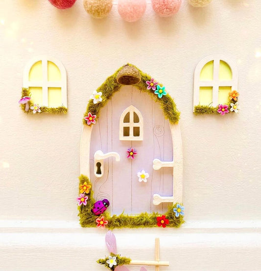 Lilac FAIRY DOOR with Glowing Windows, Bench & Fairy Postbox for Fairy Bedroom Wall Decor