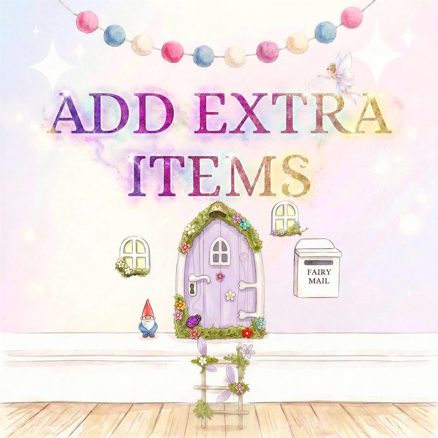 Lilac FAIRY DOOR with Glowing Windows, Bench & Fairy Postbox for Fairy Bedroom Wall Decor