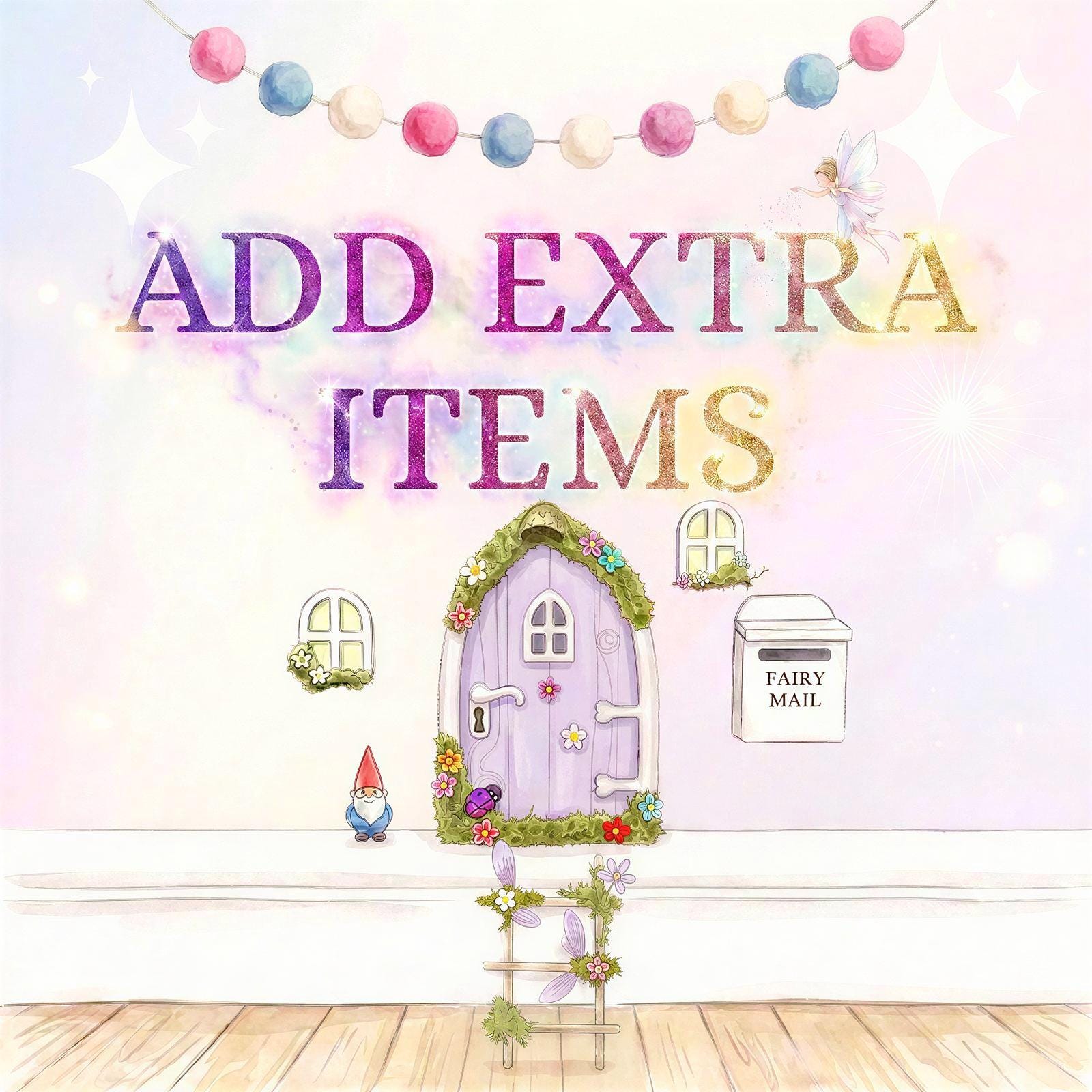Lilac FAIRY DOOR with Glowing Windows, Bench & Fairy Postbox for Fairy Bedroom Wall Decor