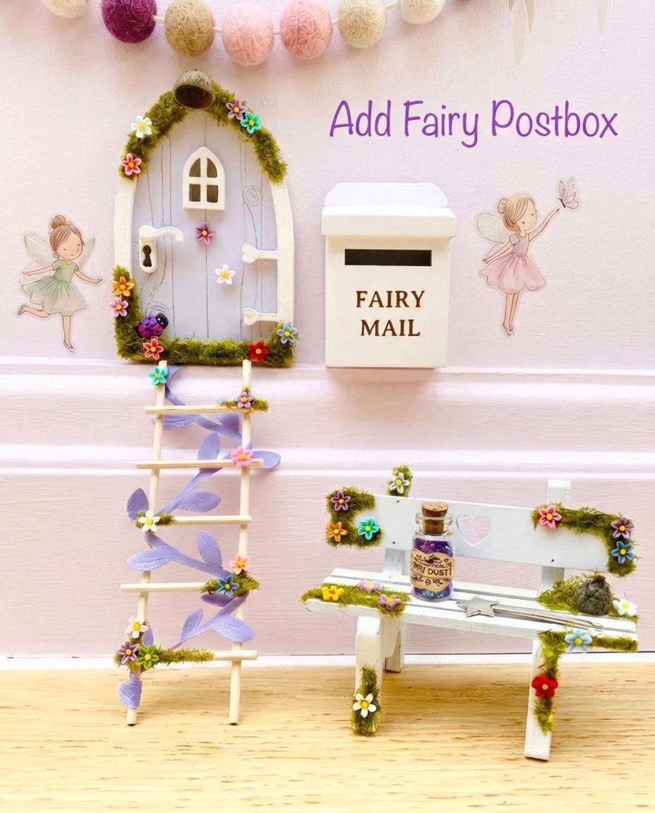 Lilac FAIRY DOOR with Glowing Windows, Bench & Fairy Postbox for Fairy Bedroom Wall Decor