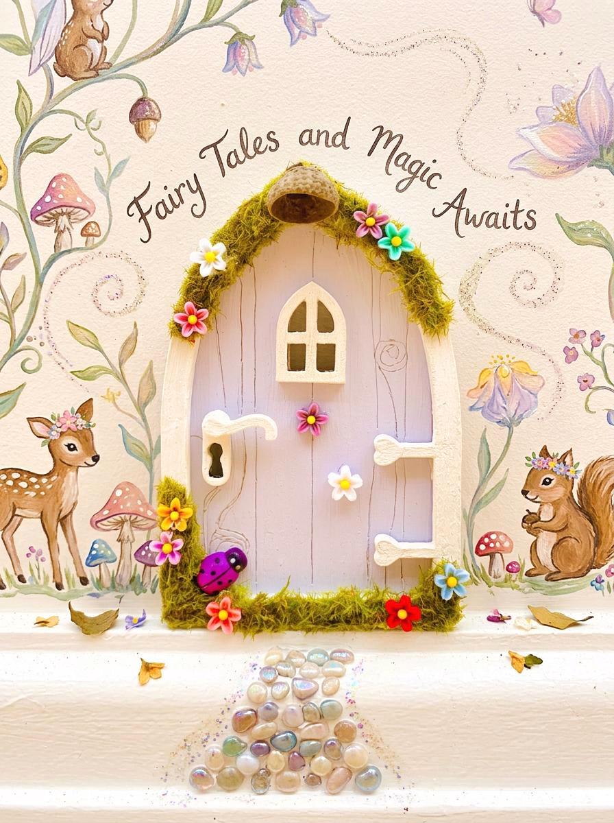 Lilac FAIRY DOOR with Glowing Windows, Bench & Fairy Postbox for Fairy Bedroom Wall Decor