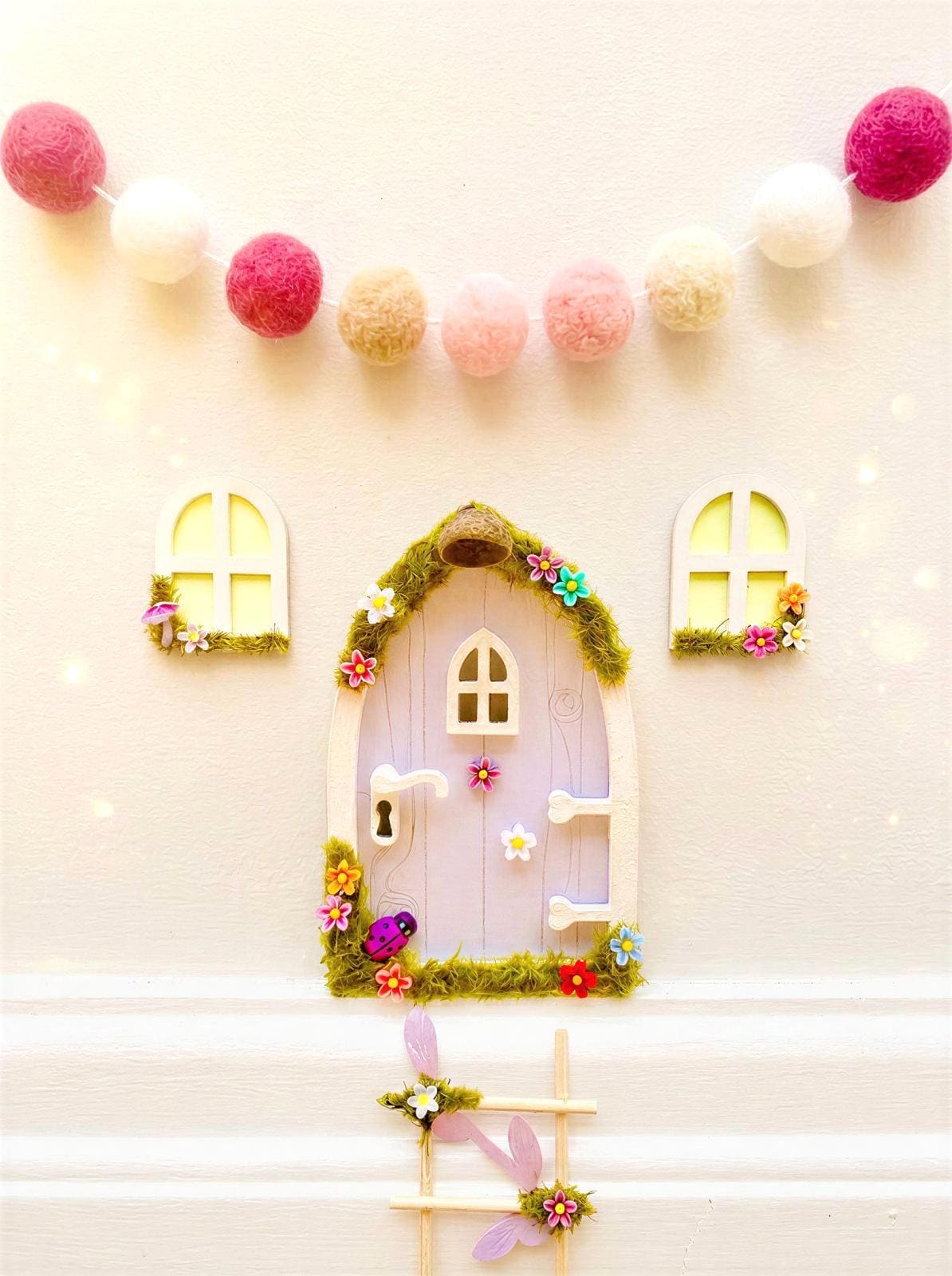 Lilac FAIRY DOOR with Glowing Windows, Bench & Fairy Postbox for Fairy Bedroom Wall Decor
