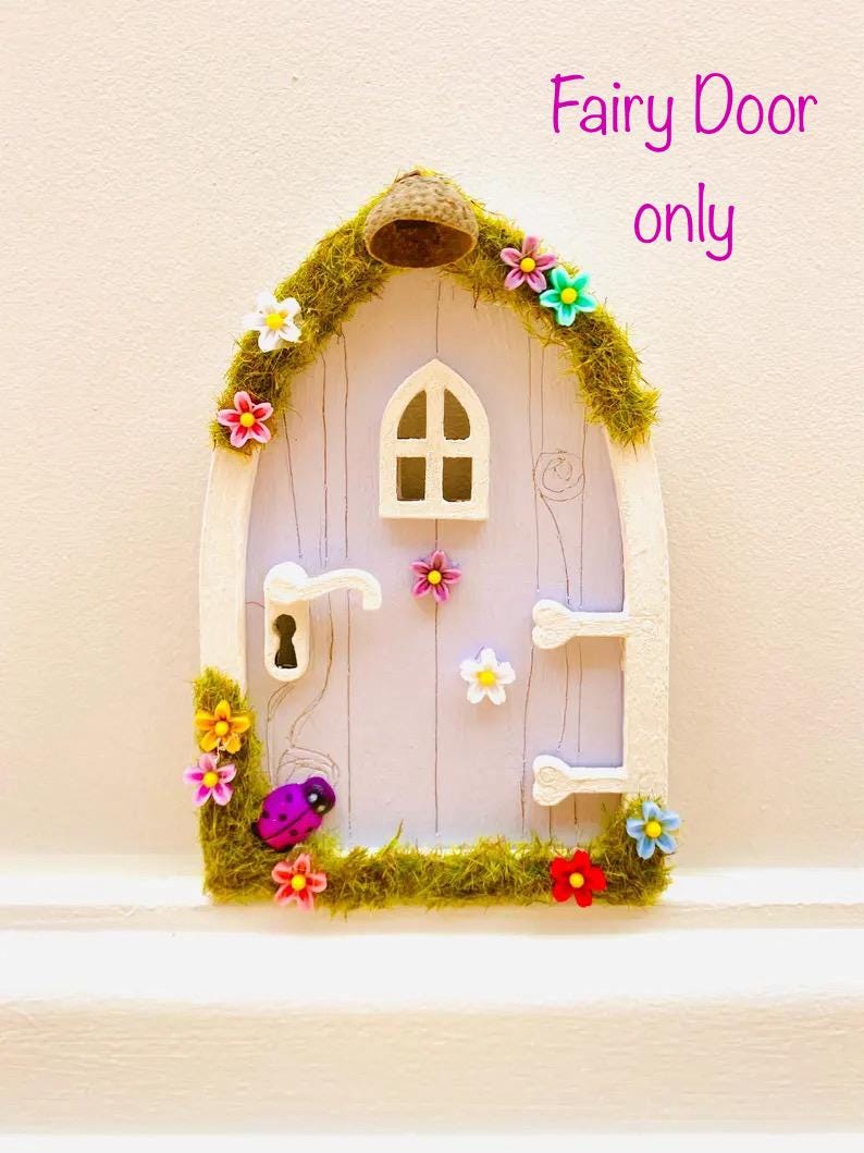 Lilac FAIRY DOOR with Glowing Windows, Bench & Fairy Postbox for Fairy Bedroom Wall Decor