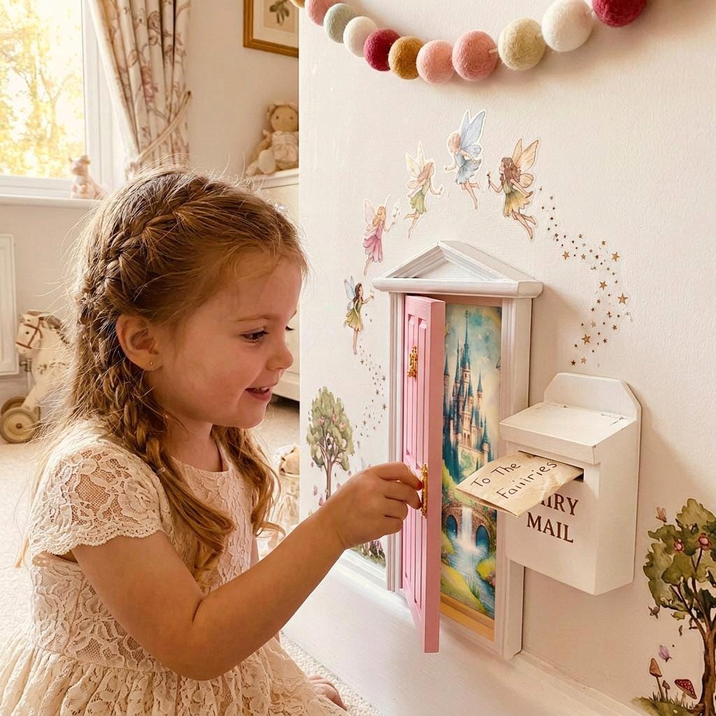 Opening Wooden Fairy Door with Glowing Windows, & Fairy Door Key – Fairy Bedroom Decor