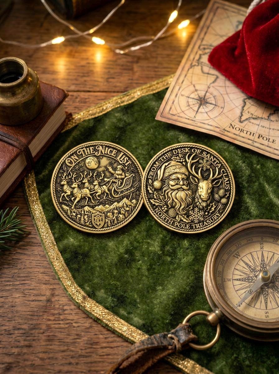 I Met Santa- MANY DESIGNS 30 Custom Professional Santa Gold Coins! Bulk Lot of Christmas Grotto Coins. Nice List Coin, Father Christmas 38mm