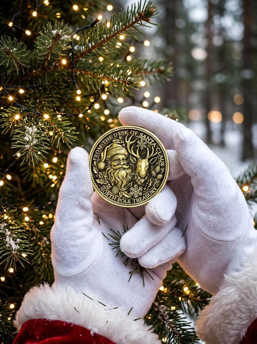 I Met Santa- MANY DESIGNS 30 Custom Professional Santa Gold Coins! Bulk Lot of Christmas Grotto Coins. Nice List Coin, Father Christmas 38mm