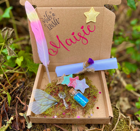 Sky Fairy- Tooth Fairy Personalised Letter gift box- Fairy Kit: Unicorn Feather, Fairy Dust & Wings,hair clip, Gold Coin Tooth Receipt