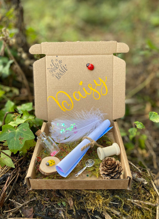 Wish Fairy- Tooth Fairy Letter Personalised gift box- Fairy Kit includes: Wish bottle, mini magnifying glass, magic feather, bobbin, cone