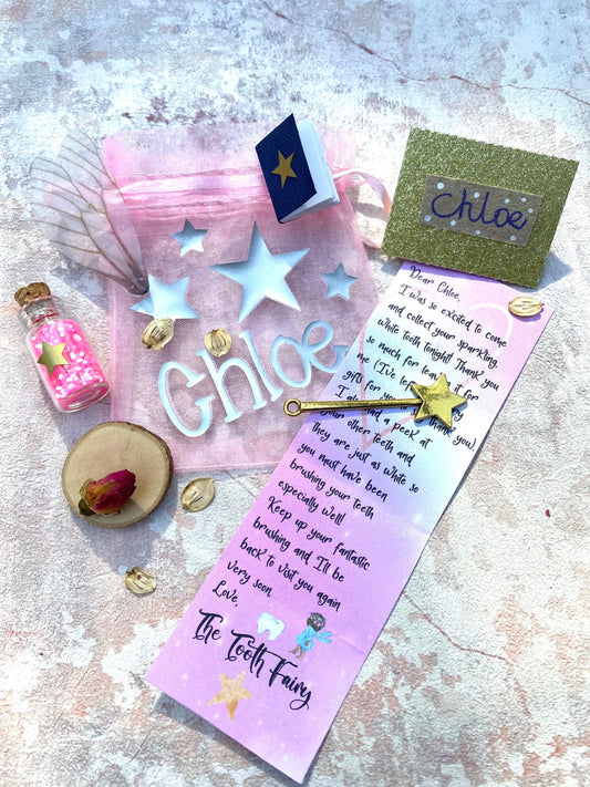 Tooth Fairy Set- Personalised Fairy Letter, bag with gifts, wand, fairy dust, fairy wings and more