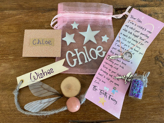 Tooth Fairy Letter & Gift Set, Personalised Fairy Letter, bag with gifts: wand, fairy dust, fairy wings and more