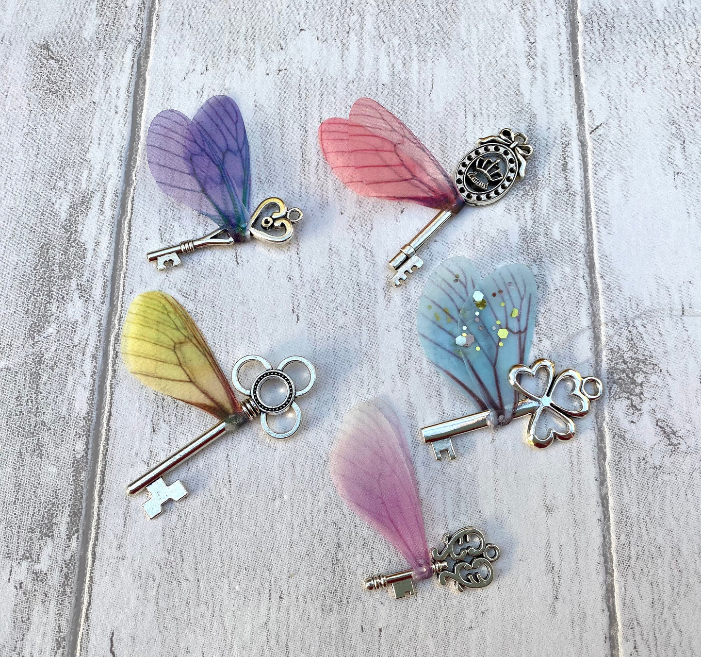 Fairy flying keys (PASTEL) wizard flying keys with glittery wings- perfect for fantastical wizard decor, wedding decor, bedroom decor, gift