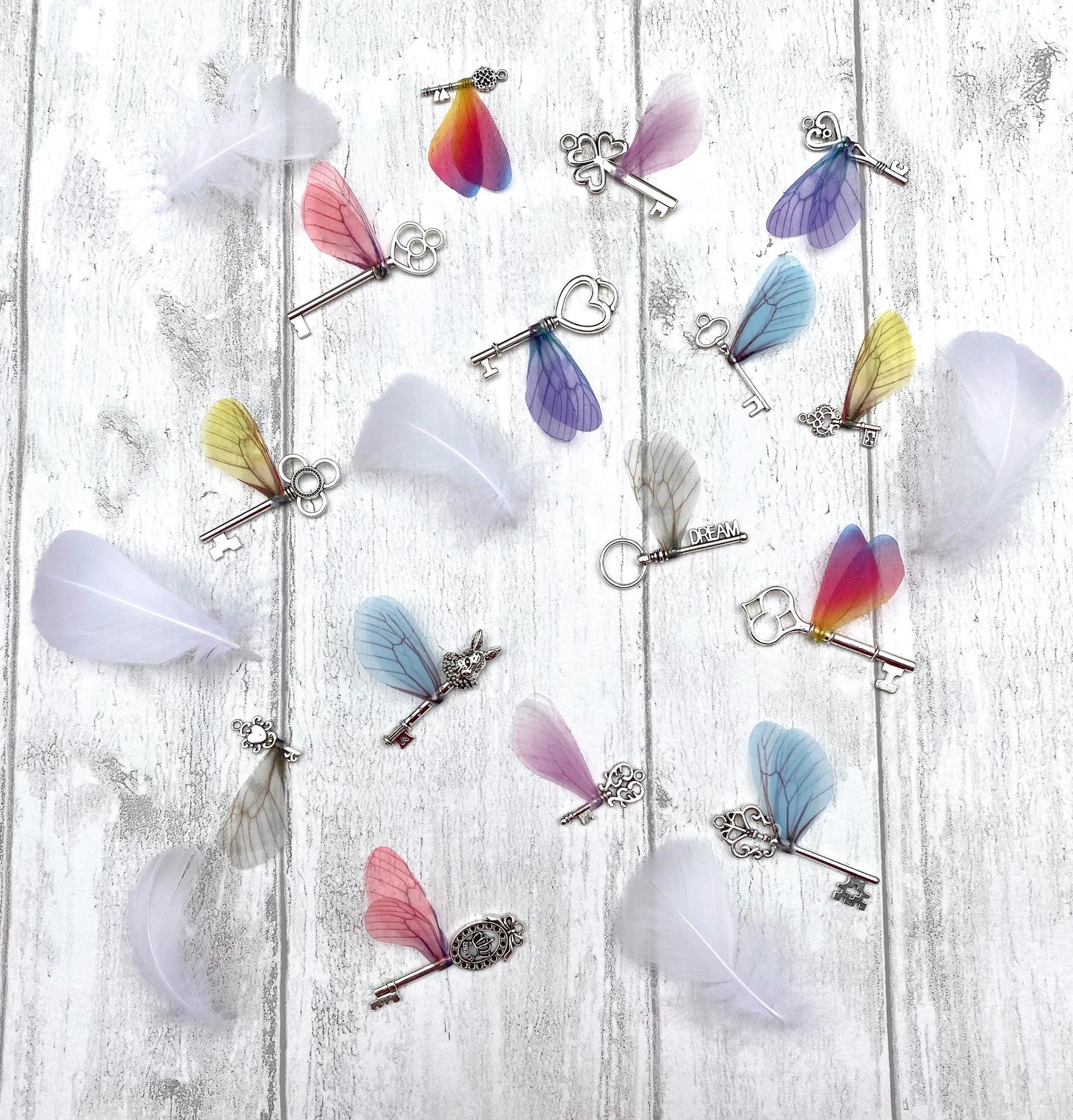 Fairy flying keys (PASTEL) wizard flying keys with glittery wings- perfect for fantastical wizard decor, wedding decor, bedroom decor, gift