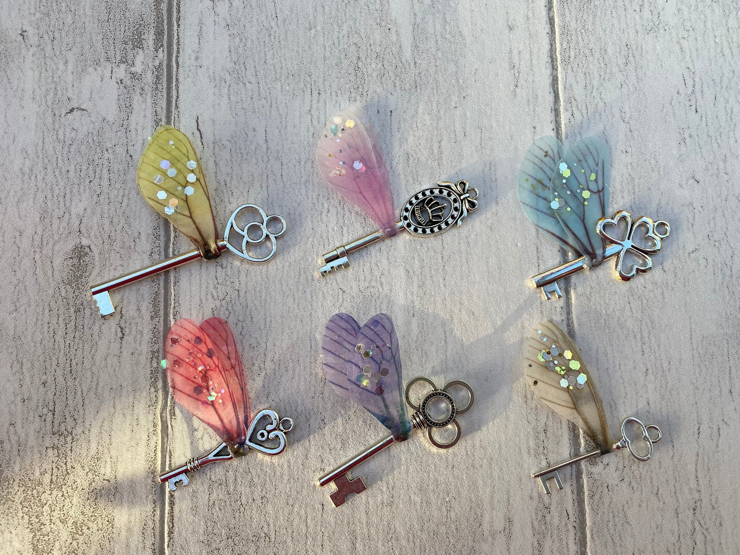 Fairy flying keys (PASTEL) wizard flying keys with glittery wings- perfect for fantastical wizard decor, wedding decor, bedroom decor, gift