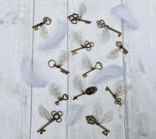 Fairy flying keys/ wizard winged keys with glittery wings- perfect for fantastical wizard decor, wedding, child’s room or fairy gift
