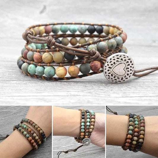 Beautiful Boho Bracelet -Beaded Leather Wrap Multi- Layered Chakra Bracelet with stones entwined with Leather. Friendship Bracelet