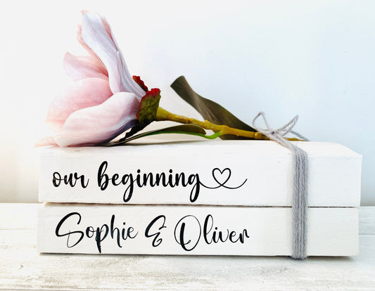 Our Beginning- Personalised White Wedding Book Stack- Wedding table decor, custom wedding decorations, Valentine’s Day Gift