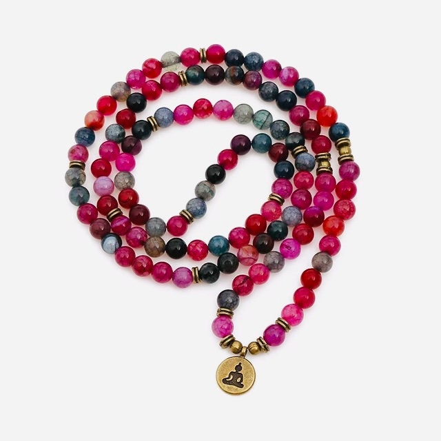 108 Mala Beads -Onyx & Tourmaline Natural Stone Meditation Necklace. Beautiful Chakra Healing bracelet. Japa Mala. Prayer beads.