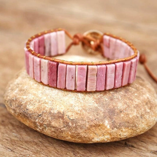 Beautiful Rhodonite Pink Boho Tube Bracelet -Beaded Leather Chakra Bracelet - natural stone entwined with Leather. Healing & Positive Energy