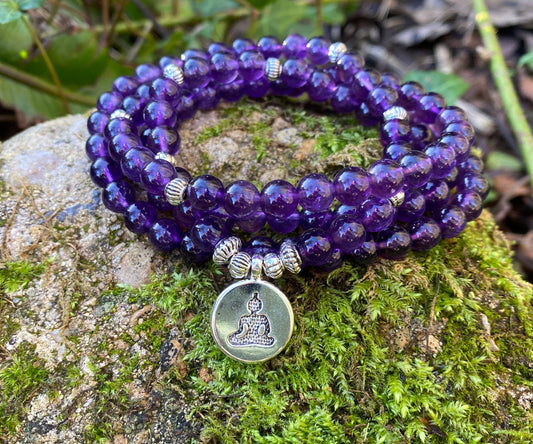 108 Mala Beads -Amethyst Natural Stone Meditation Necklace. Beautiful healing yoga bracelet. Japa Mala. Prayer beads. Chakra jewellery