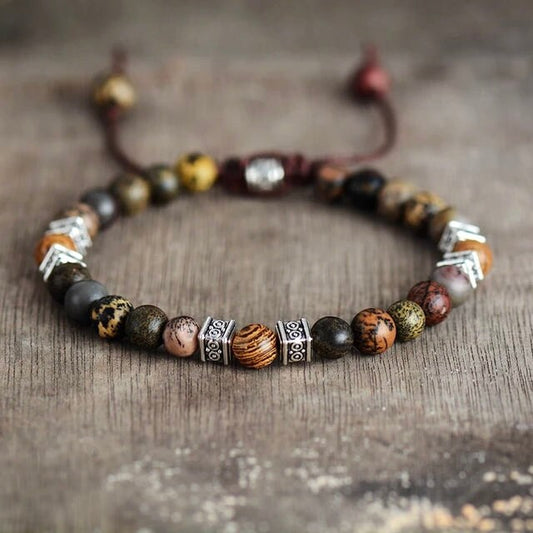 Natural Stone & Wooden Bead Bracelet- Jasper Bracelet- Meditation Prayer Yoga Cross Bracelet, Chakra Norse, Viking bracelet