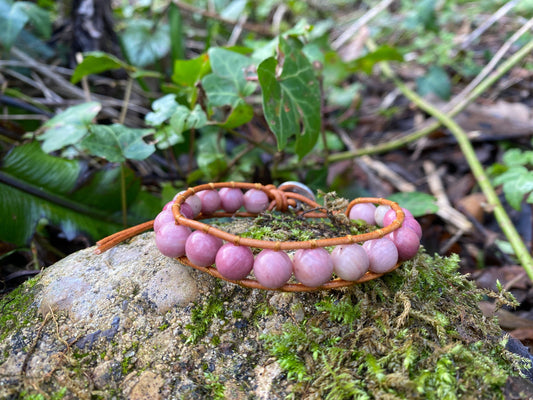 Beautiful Rhodonite Pink Boho Bracelet -Beaded Leather Chakra Bracelet - natural stone entwined with Leather. Healing with Positive Energy